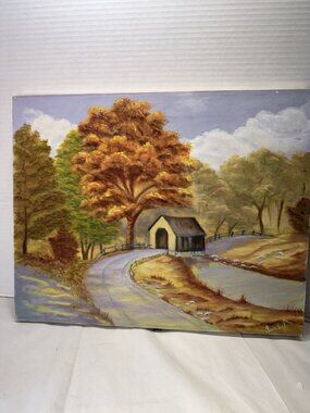 Original Signed Autumn Landscape Oil Painting Canvas Covered Bridge